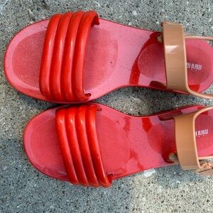 Women’s Red Slip-On Sandals with Tan Strap
